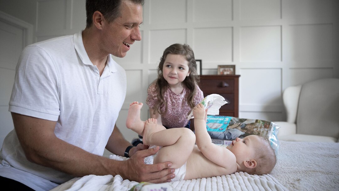 Dad Children Playing Diapers Wipes